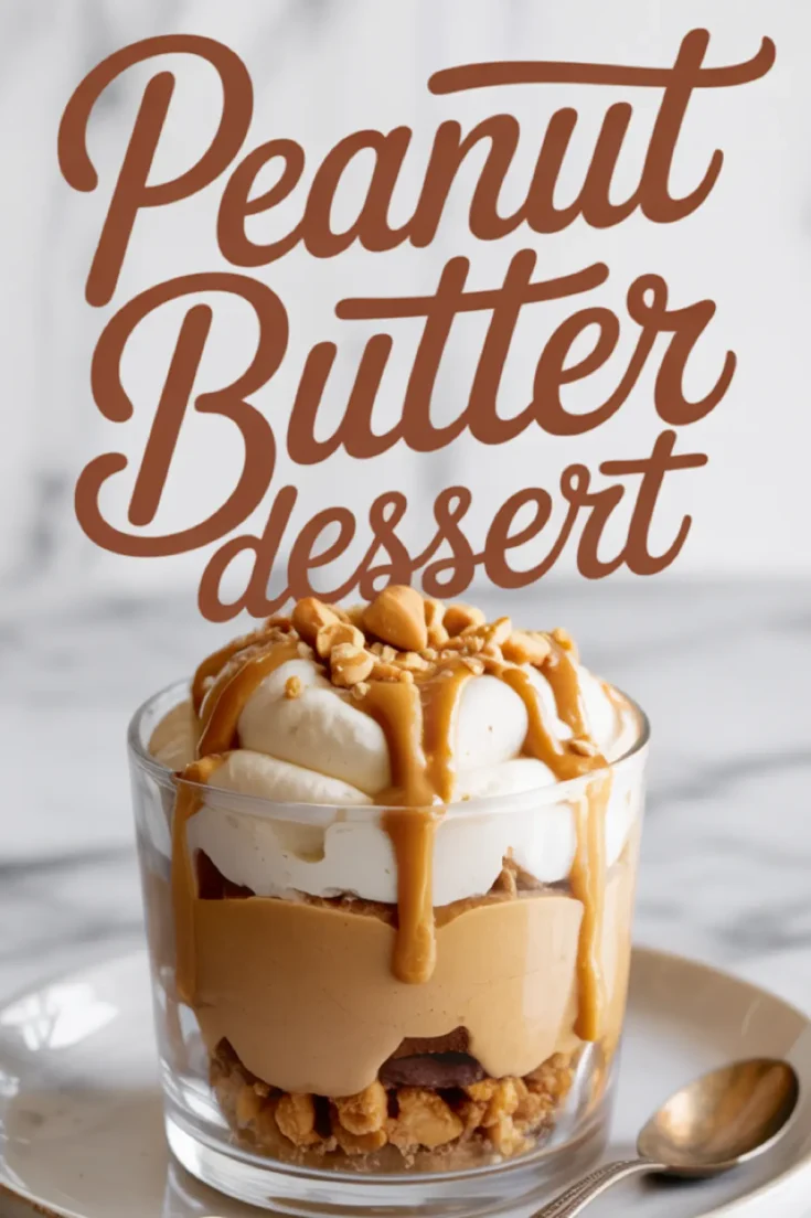Vertical collage with bold text “Peanut Butter Dessert” above a close-up of a layered parfait in a glass cup with crushed cookies, creamy peanut butter, whipped cream, and chopped peanuts on top.
