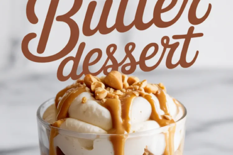 Vertical collage with bold text “Peanut Butter Dessert” above a close-up of a layered parfait in a glass cup with crushed cookies, creamy peanut butter, whipped cream, and chopped peanuts on top.