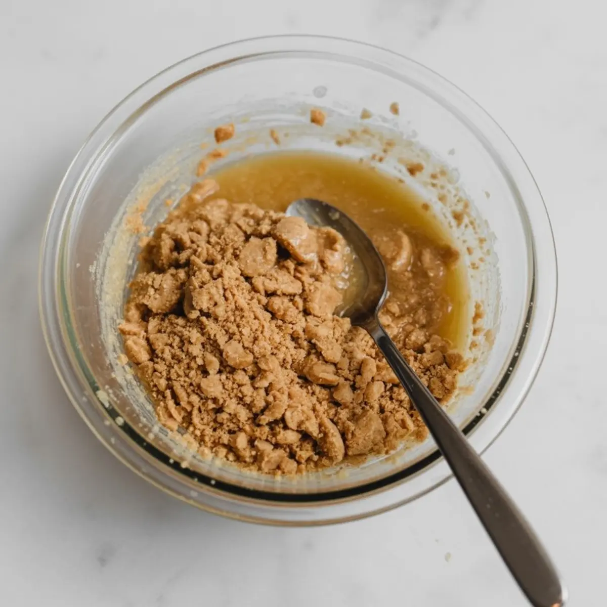 Partially mixed dessert base in a glass bowl with a spoon, featuring crushed cookies combined with melted butter and brown sugar.