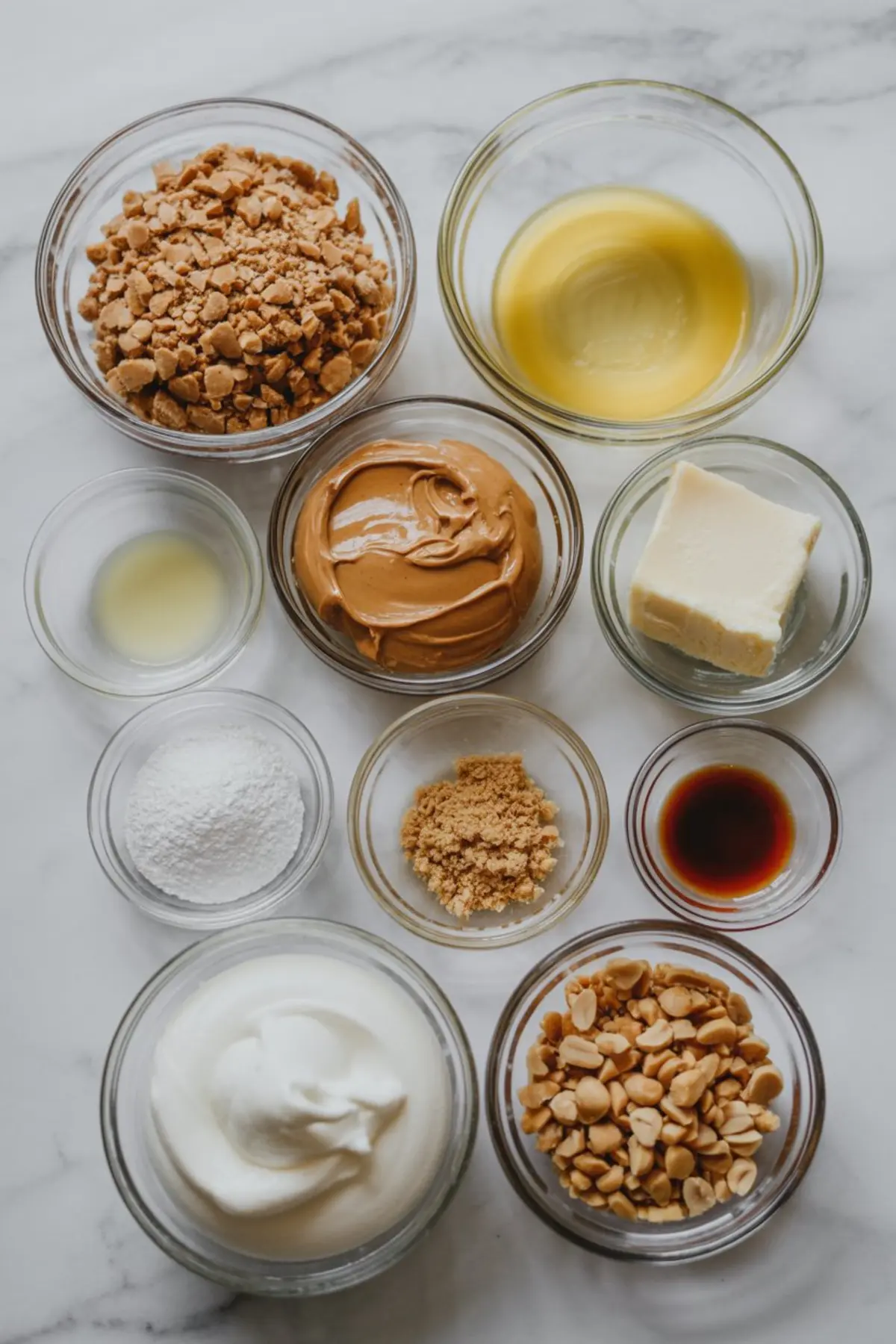 Overhead view of dessert ingredients in glass bowls on a marble surface, including crushed peanut butter cookies, peanut butter, whipped topping, powdered sugar, brown sugar, lemon juice, vanilla extract, chopped peanuts, white chocolate, and melted butter.