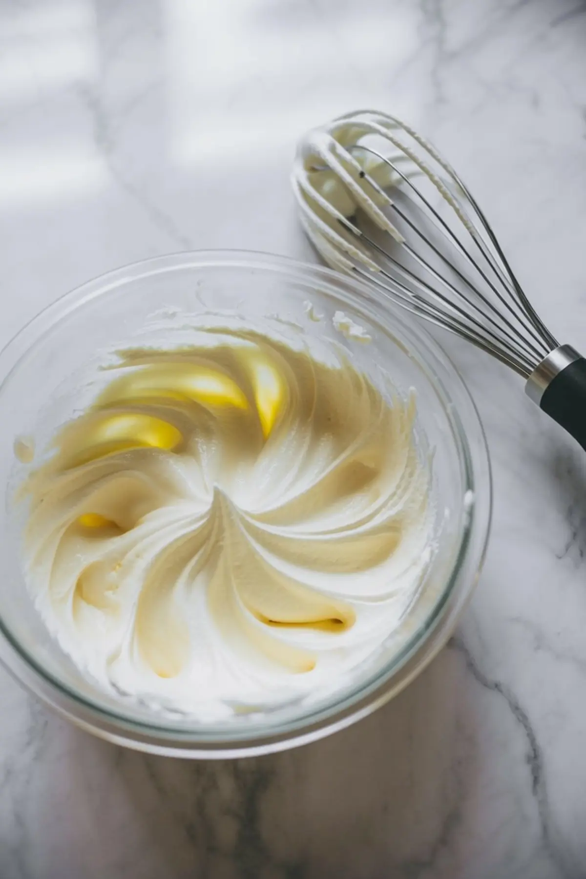 Fluffy white whipped cream mixture in a glass bowl with soft peaks, next to a metal whisk on a marble background.