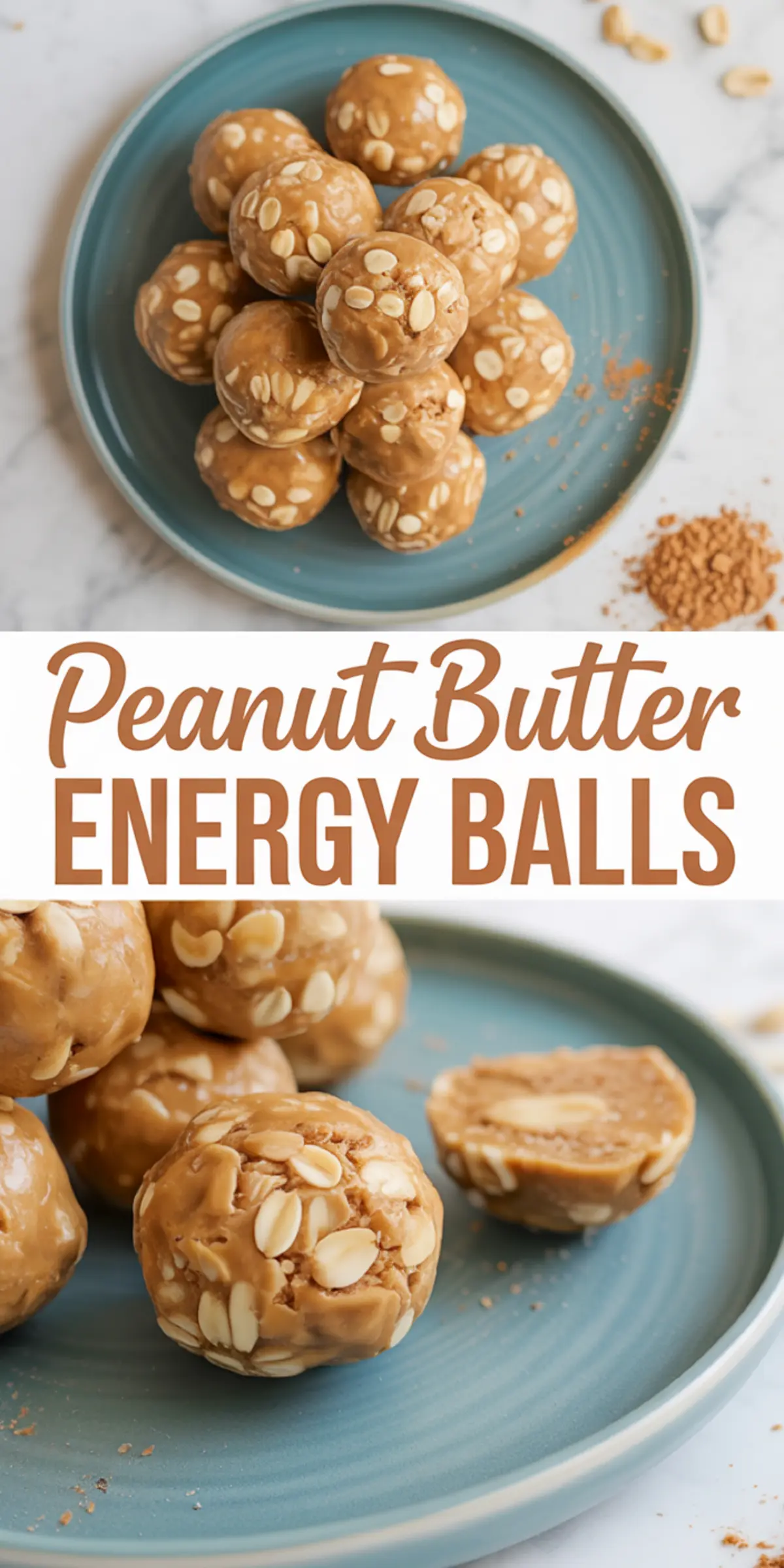 Overhead view of peanut butter energy balls on a blue plate and a close-up of halved balls, emphasizing the smooth texture and visible oat pieces, labeled with recipe name.
