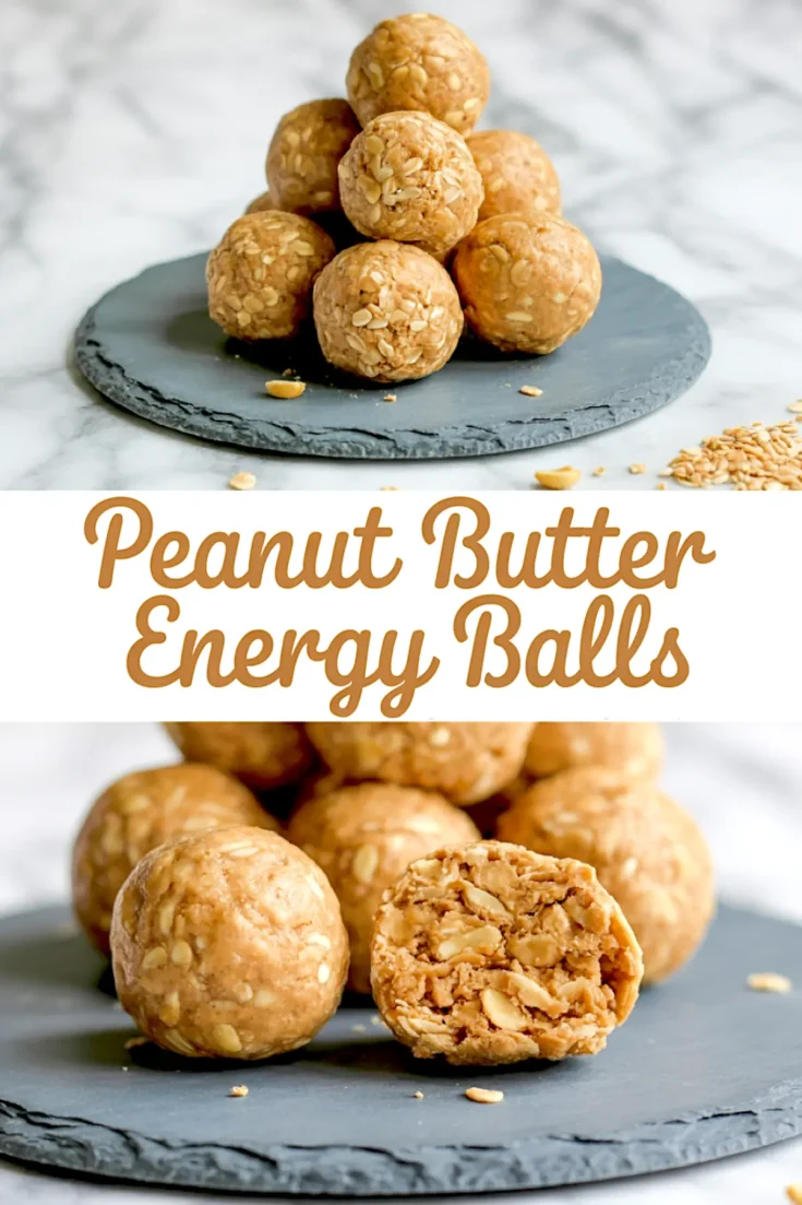 Stack of oat-filled peanut butter energy balls on a slate serving board with a cut-open ball showing a dense nutty texture, topped with the recipe title in bold.