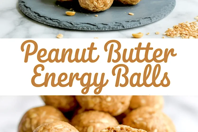 Stack of oat-filled peanut butter energy balls on a slate serving board with a cut-open ball showing a dense nutty texture, topped with the recipe title in bold.