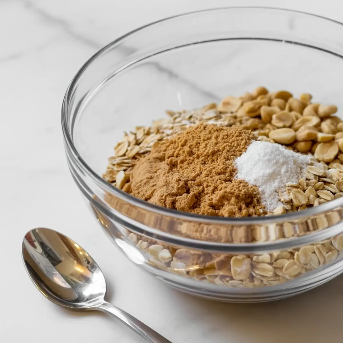 Glass bowl filled with rolled oats, peanuts, peanut butter powder, salt, and cinnamon on a marble surface with a silver spoon beside it, ready for making no-bake snacks.
