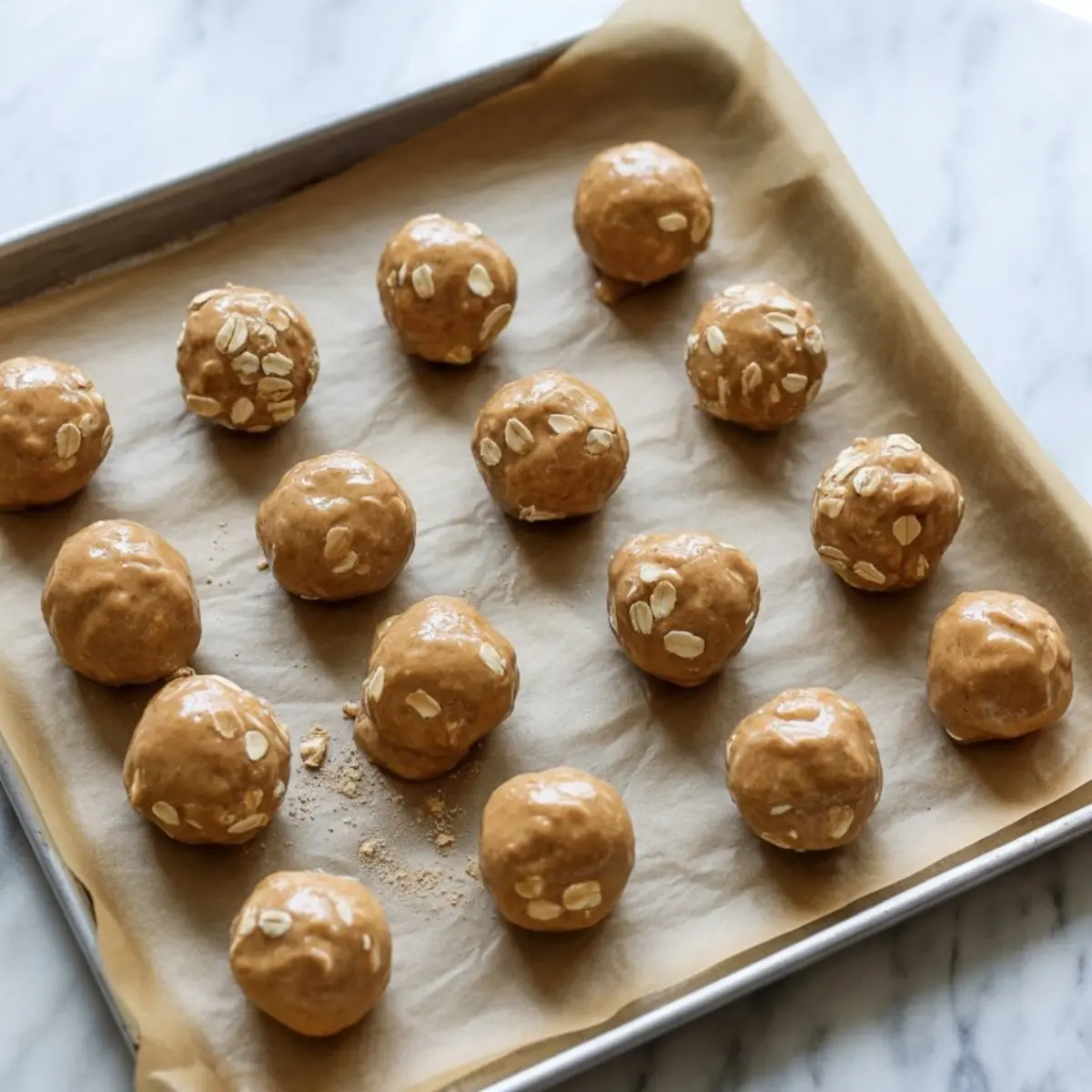 Unbaked peanut butter oat energy balls arranged on a parchment-lined baking sheet, showcasing a smooth texture with visible oat flakes.
