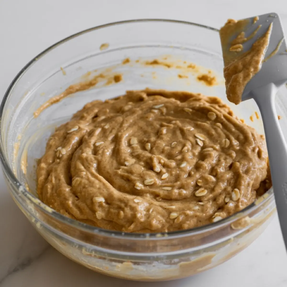 Creamy peanut butter oat mixture swirled in a glass bowl with a spatula, ready for scooping into energy bites.
