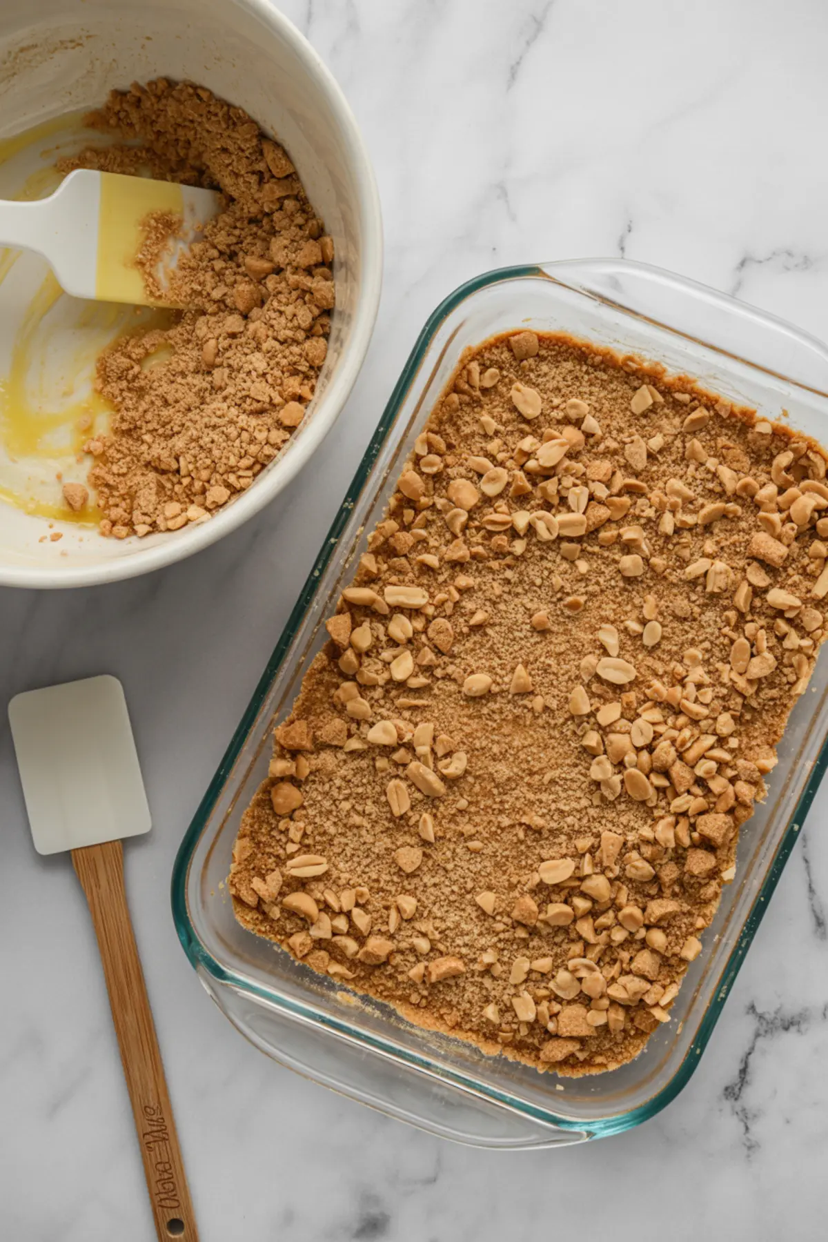 Glass baking dish with Nutter Butter and peanut crumb crust, partially filled, shown beside a mixing bowl and white spatula with remaining crumb mixture, used for the base layer of a Nutter Butter lasagna dessert.