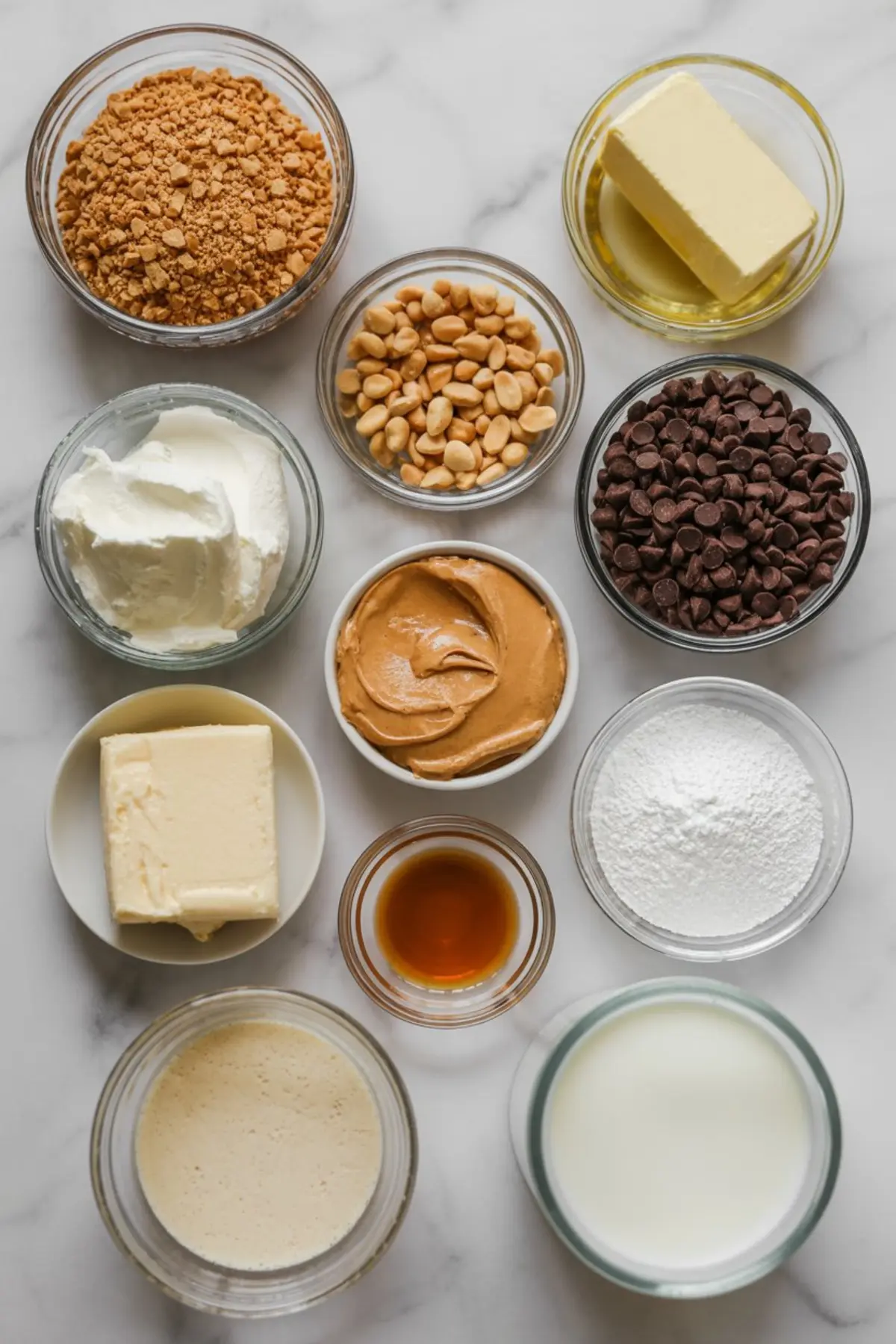Overhead view of individual dessert ingredients in glass bowls, including crushed Nutter Butters, butter, chocolate chips, peanut butter, cream cheese, powdered sugar, whipped topping, vanilla extract, and chopped peanuts, used for making a no bake peanut butter lasagna dessert.