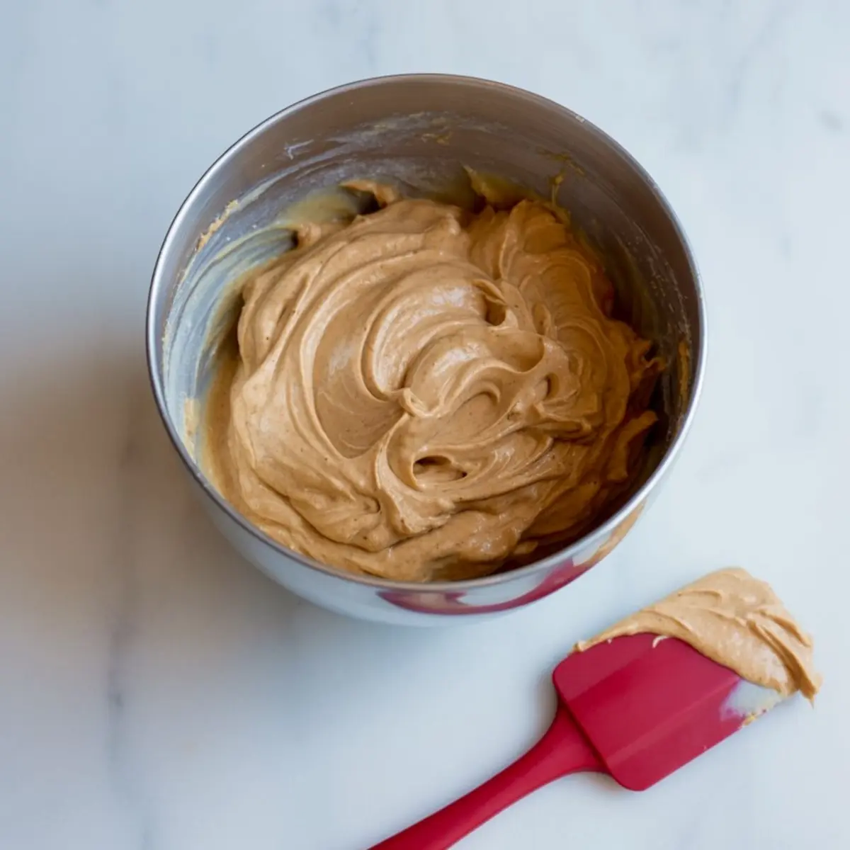 Stainless steel mixing bowl filled with creamy peanut butter pudding filling, with a red silicone spatula resting beside it on a white marble surface.