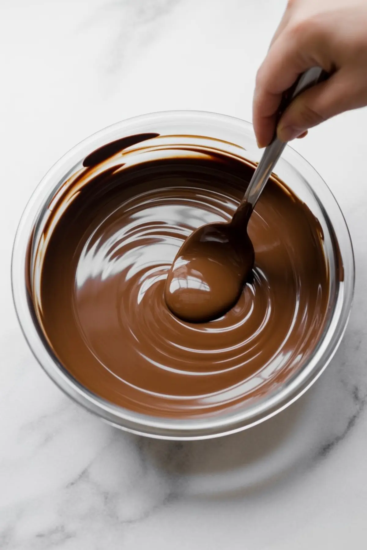 Close-up of a hand stirring a glossy bowl of melted chocolate with a spoon, ideal for layering in a chocolate peanut butter no bake dessert.