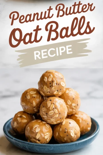 Blue plate stacked with shiny peanut butter oat balls topped with oats and chia seeds, with bold recipe title above.