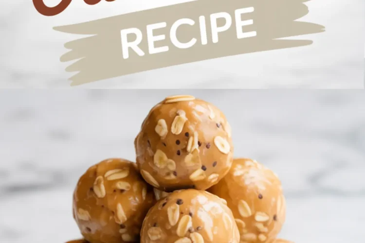 Blue plate stacked with shiny peanut butter oat balls topped with oats and chia seeds, with bold recipe title above.