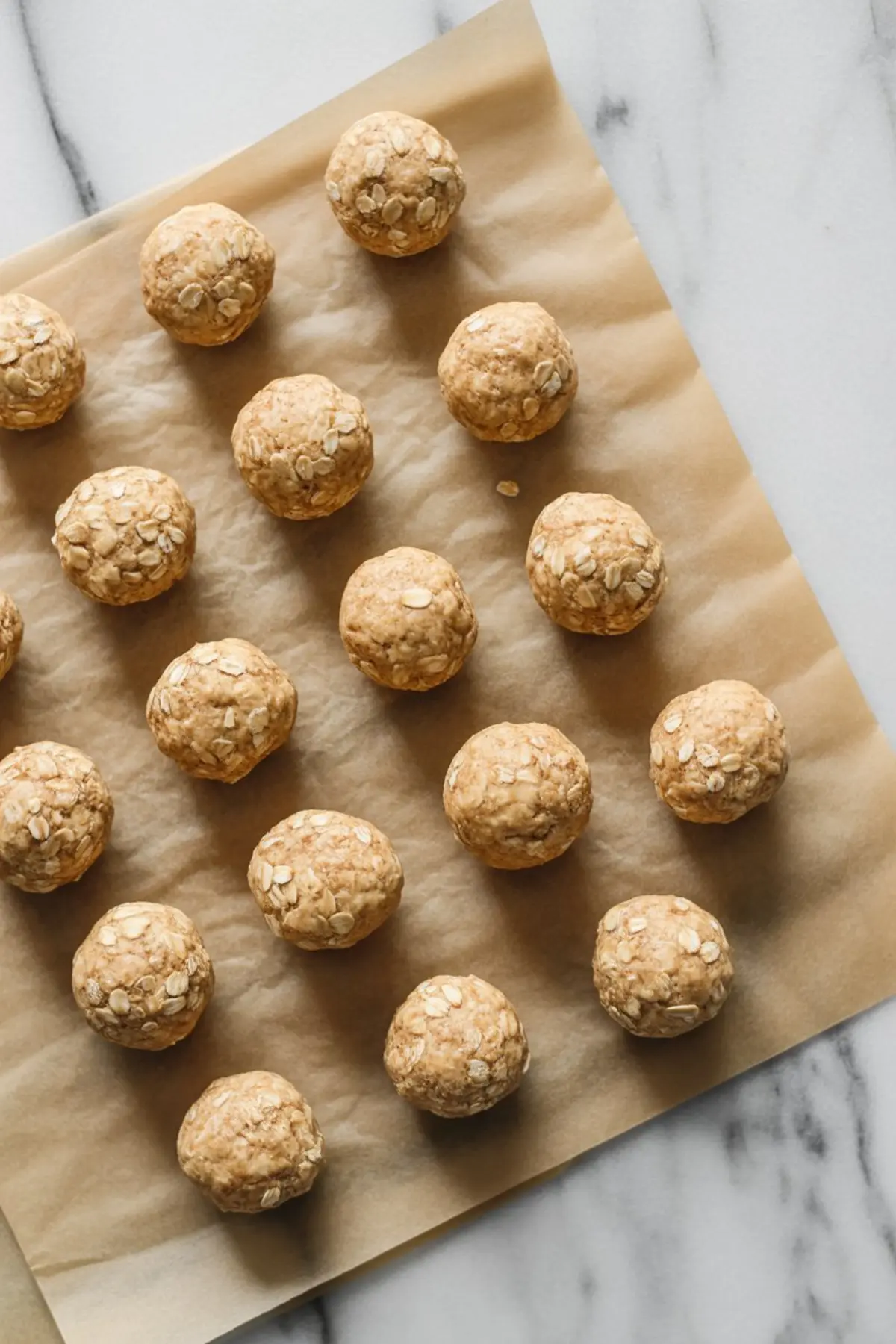 Rolled peanut butter oat balls arranged on parchment paper, ready for chilling or serving as a healthy snack.