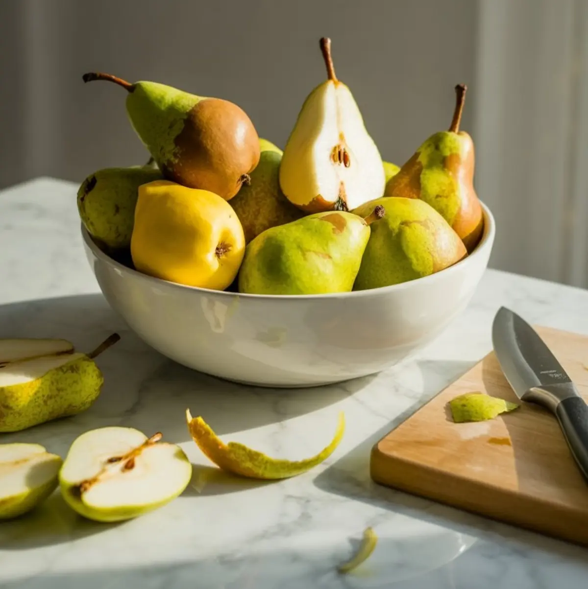Brightly lit bowl of ripe pears and quinces on a marble countertop, with sliced pear halves and a paring knife on a wooden cutting board nearby.