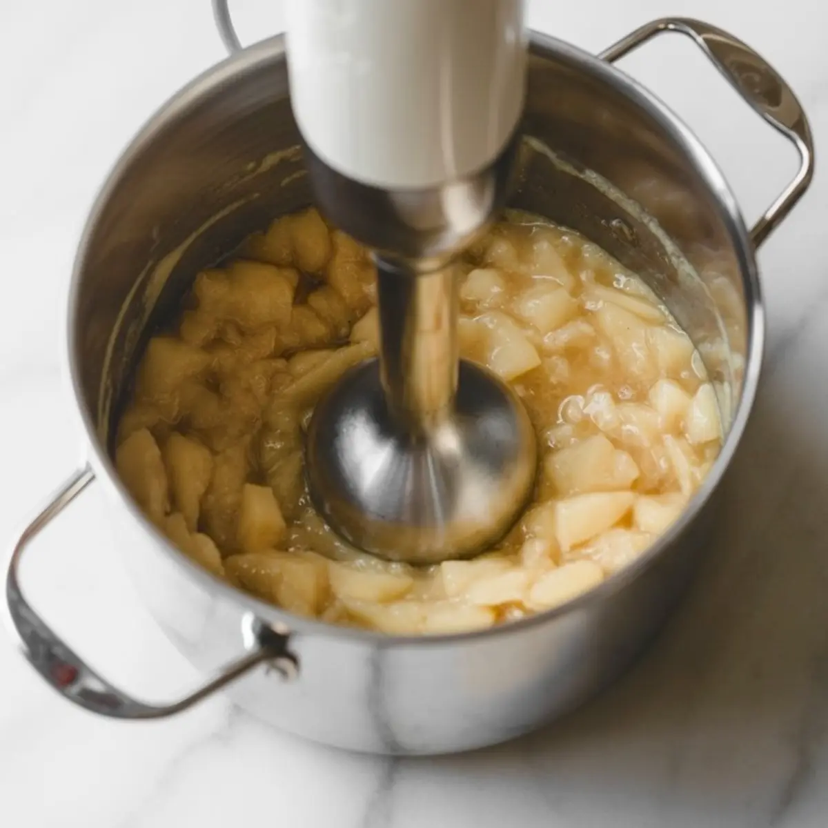 Saucepan filled with softened pear chunks being blended with an immersion blender for making pear butter.