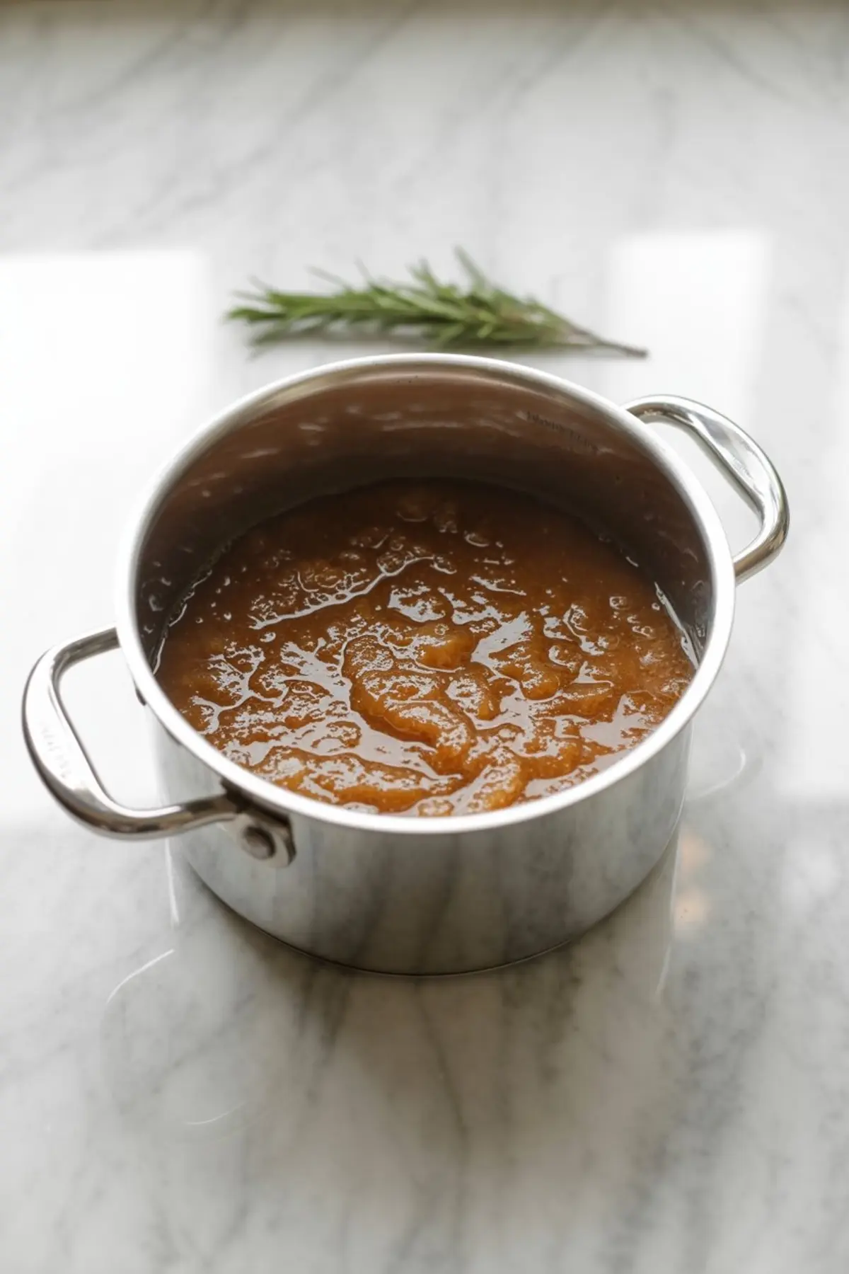 Cooked pear butter in a stainless steel pot with a sprig of rosemary in the background, placed on a marble countertop.