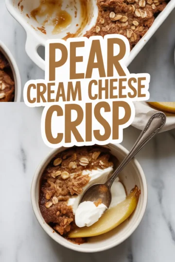 Top-down view of a pear cream cheese crisp served in a small white ramekin. The dessert is topped with oat crumble and a dollop of cream cheese, with visible pear slices. A metal spoon rests inside, ready to scoop.