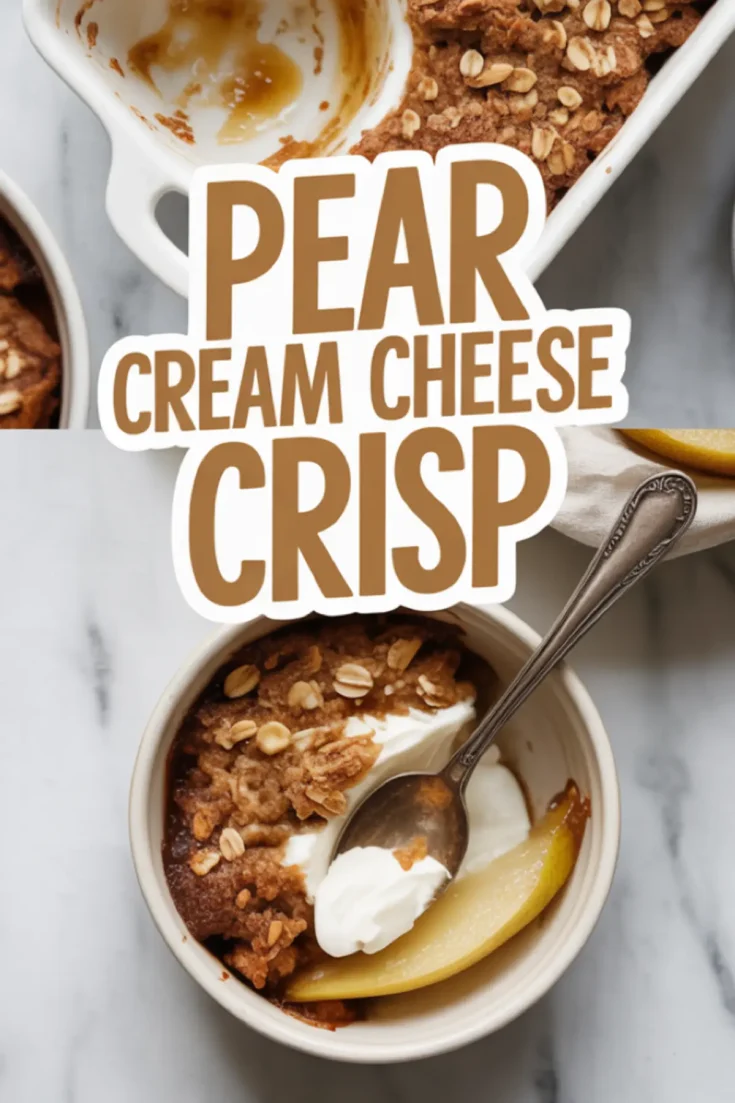 Top-down view of a pear cream cheese crisp served in a small white ramekin. The dessert is topped with oat crumble and a dollop of cream cheese, with visible pear slices. A metal spoon rests inside, ready to scoop.