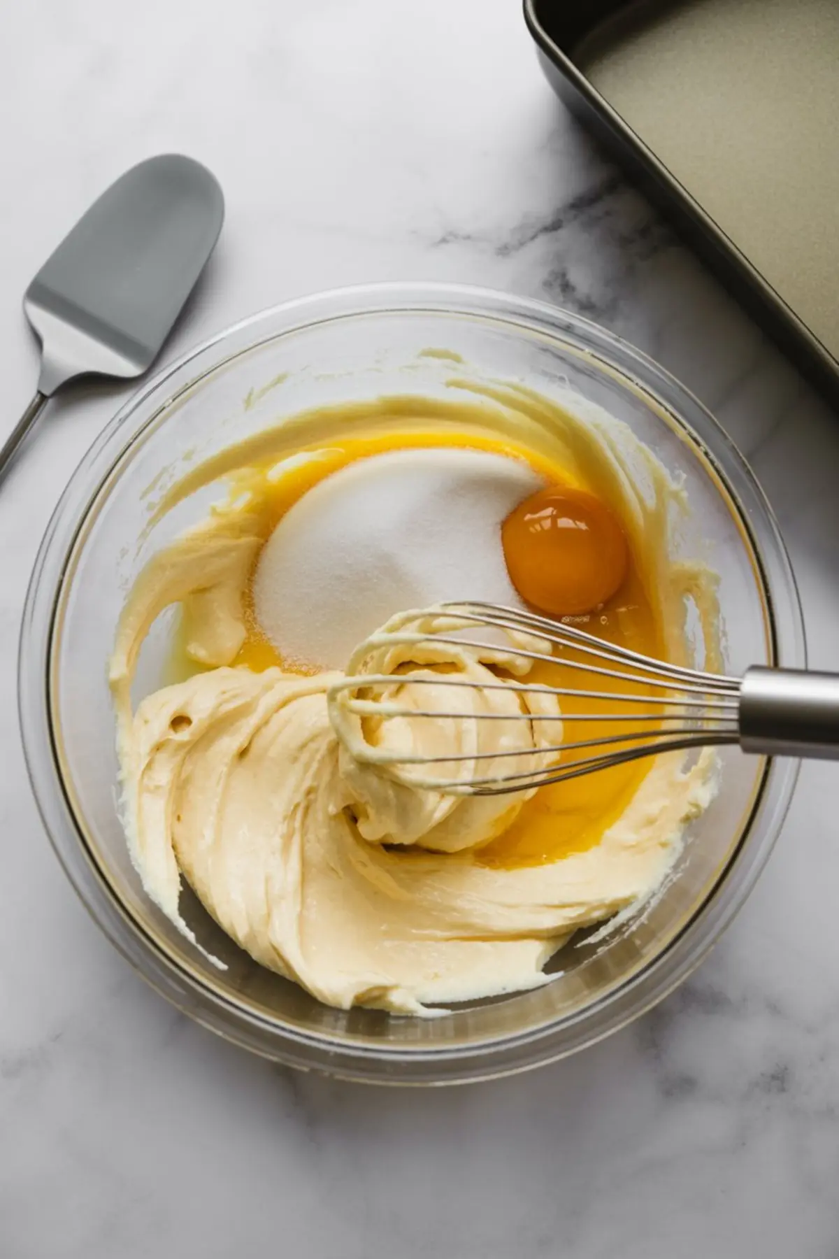 Glass mixing bowl with a creamy batter being whisked, featuring an egg and granulated sugar on top. A metal whisk and baking spatula are placed nearby on the marble surface, next to an empty baking pan.
