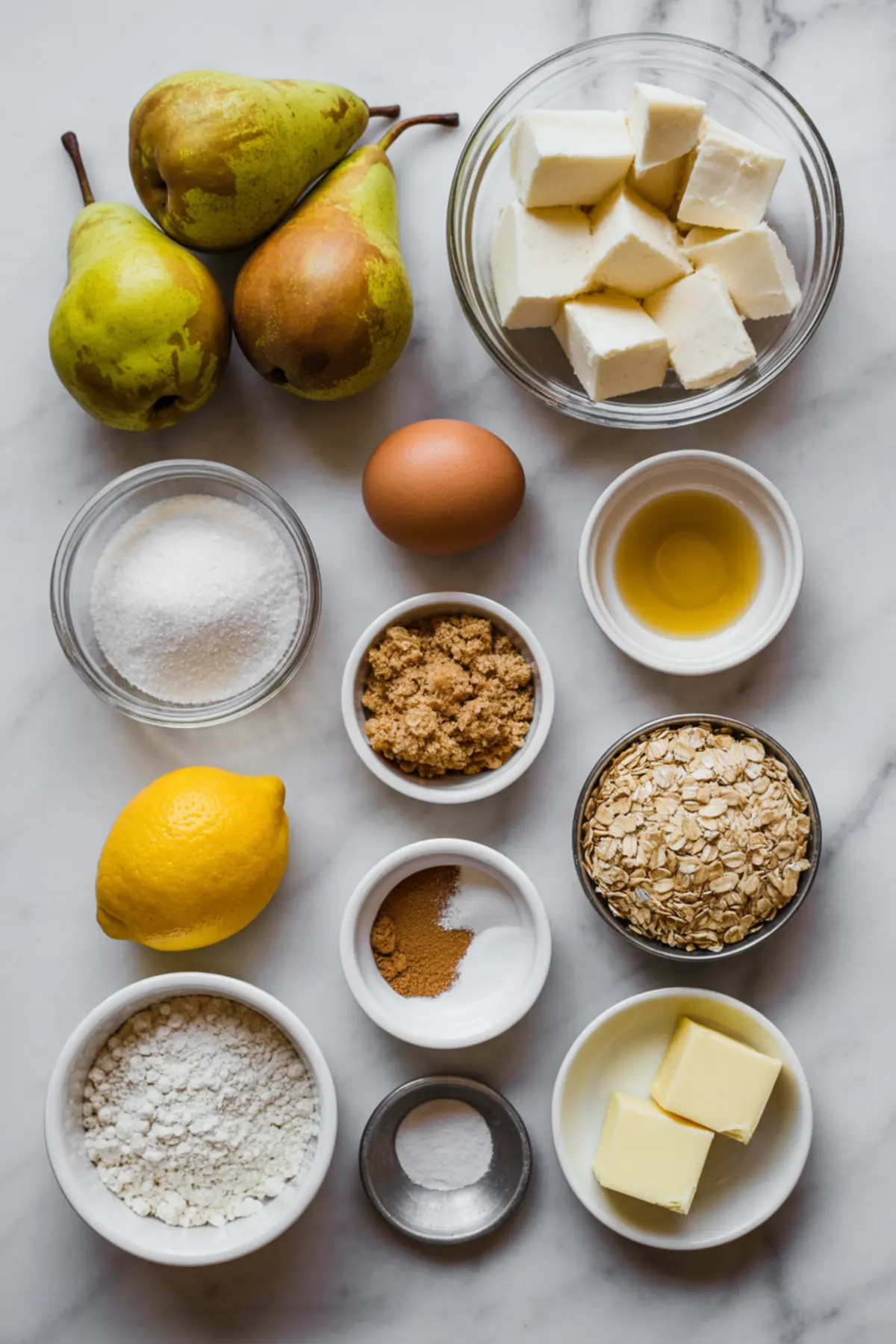 Flat lay of pear cream cheese crisp ingredients on a marble surface, including fresh pears, cubed cream cheese, an egg, granulated sugar, brown sugar, vanilla extract, rolled oats, a lemon, flour, baking soda, ground cinnamon, salt, and butter. Each ingredient is neatly arranged in individual bowls for baking preparation.
