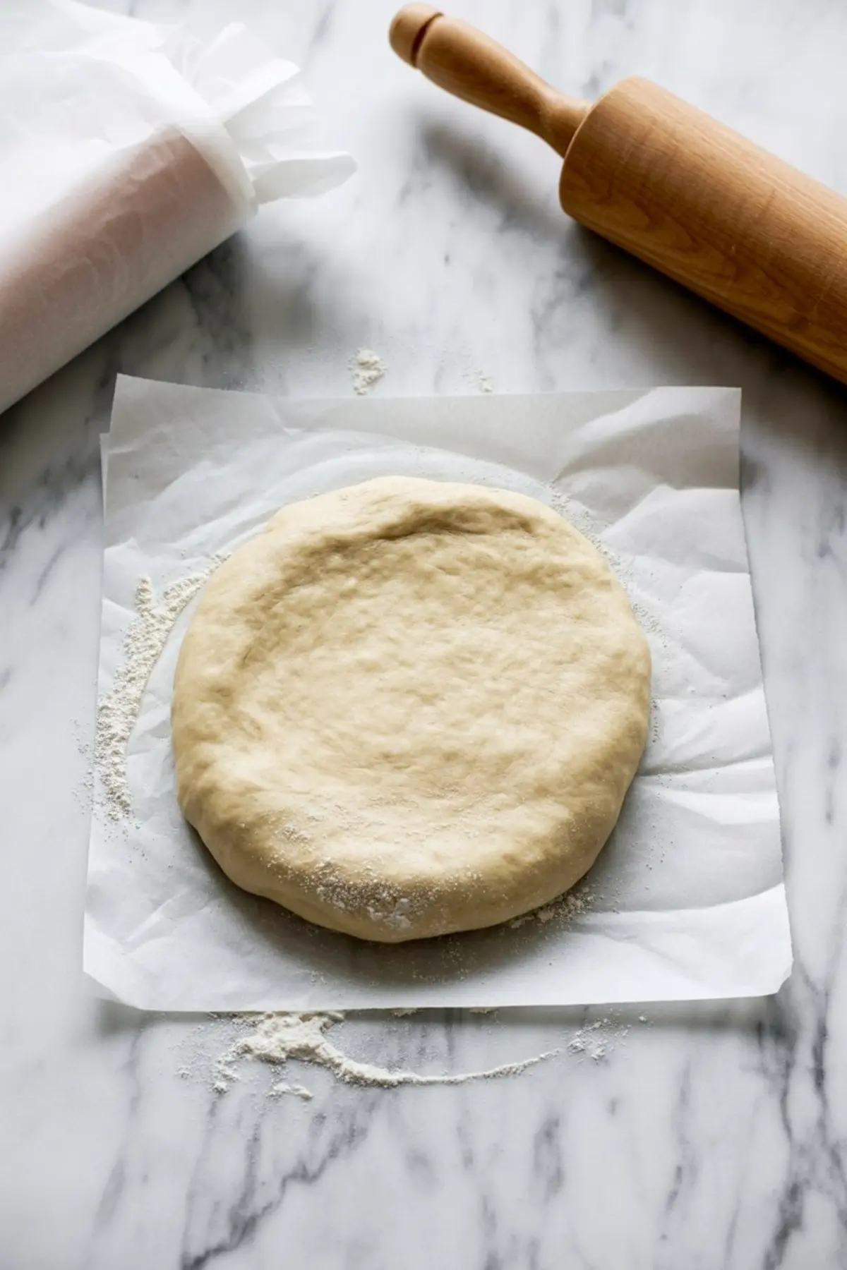 Round ball of rolled dough on parchment paper, dusted with flour, set on a marble countertop beside a wooden rolling pin and a sheet of parchment.