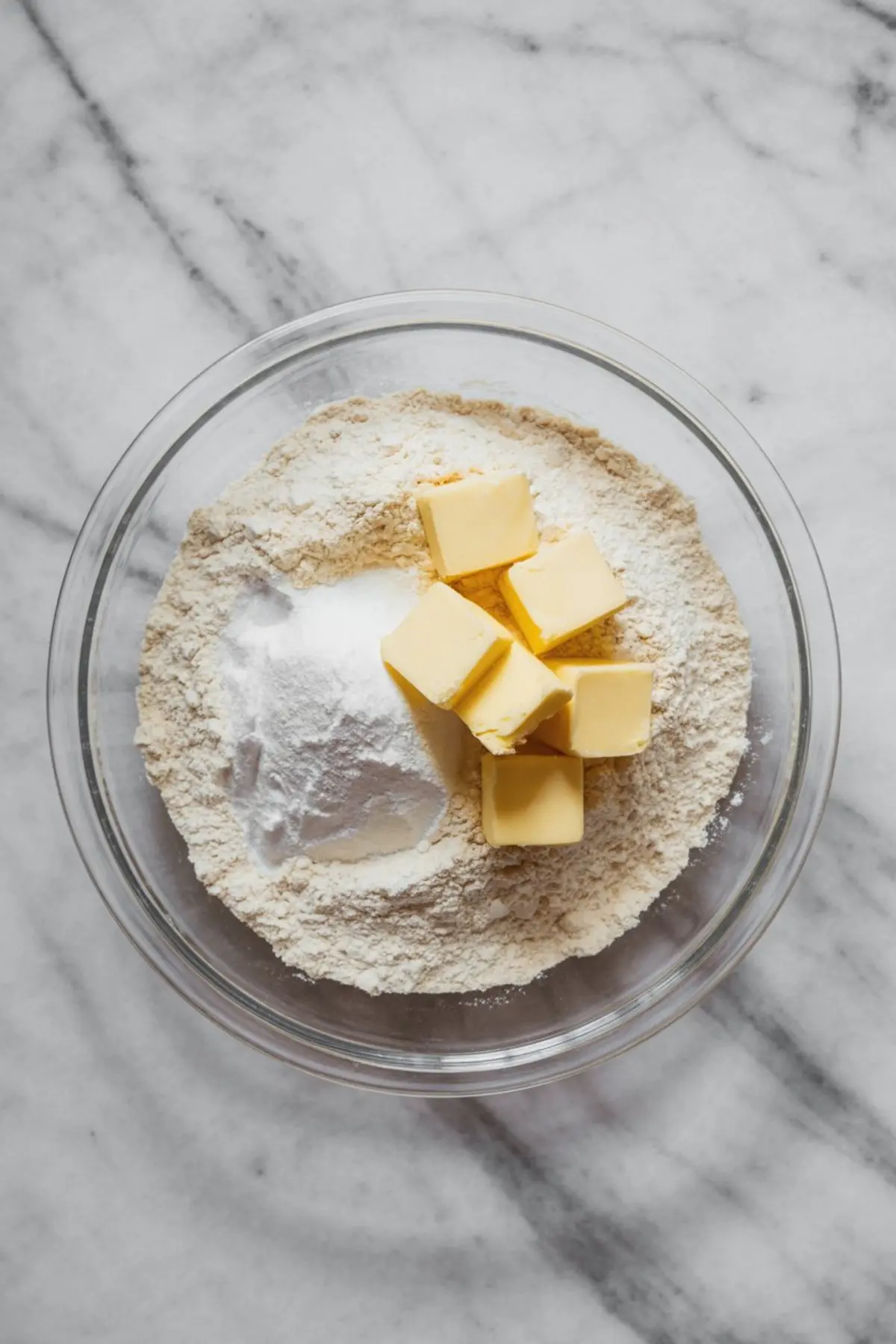 Glass mixing bowl filled with flour, baking powder, and cubed butter, placed on a white marble surface for pastry preparation.