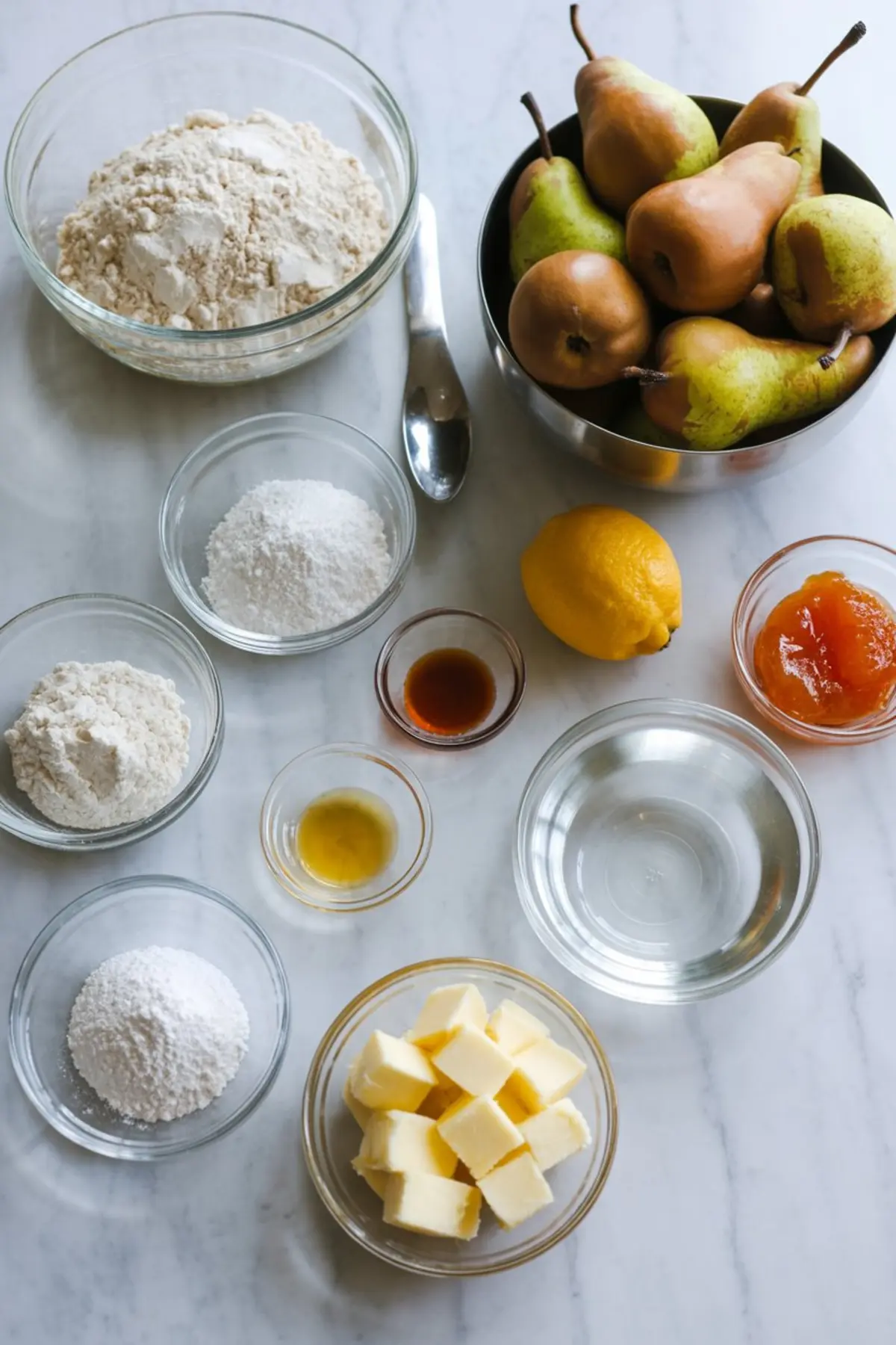 Flat lay of pear tart ingredients on a marble surface, including whole pears, flour, powdered sugar, cubed butter, lemon, vanilla, and apricot jam in small glass bowls.