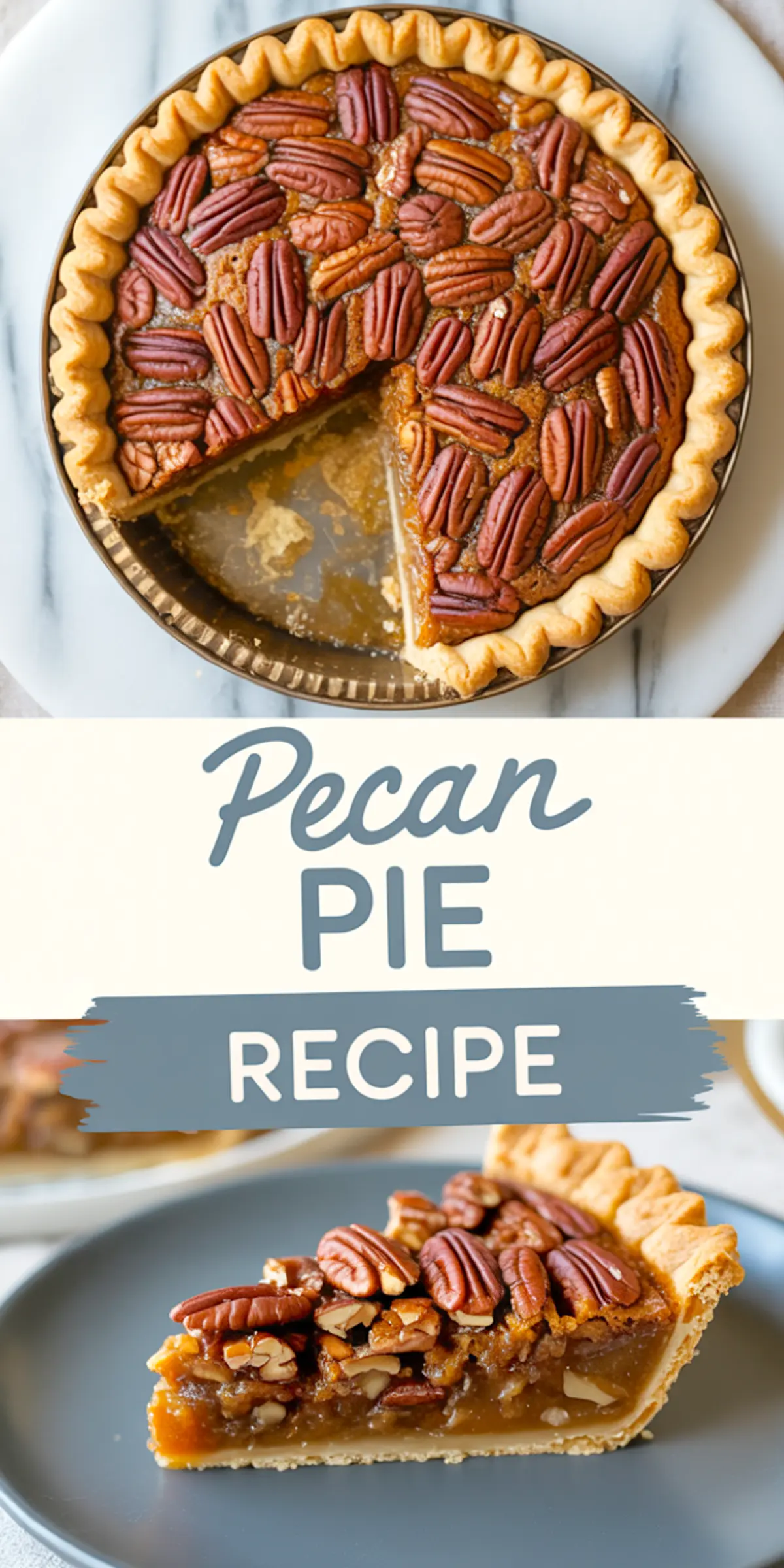 Collage image of a top-down view of a whole pecan pie with a wedge cut out and a close-up of a slice served on a gray plate, highlighted by whole pecans and rich caramel filling, labeled “Pecan Pie Recipe.”