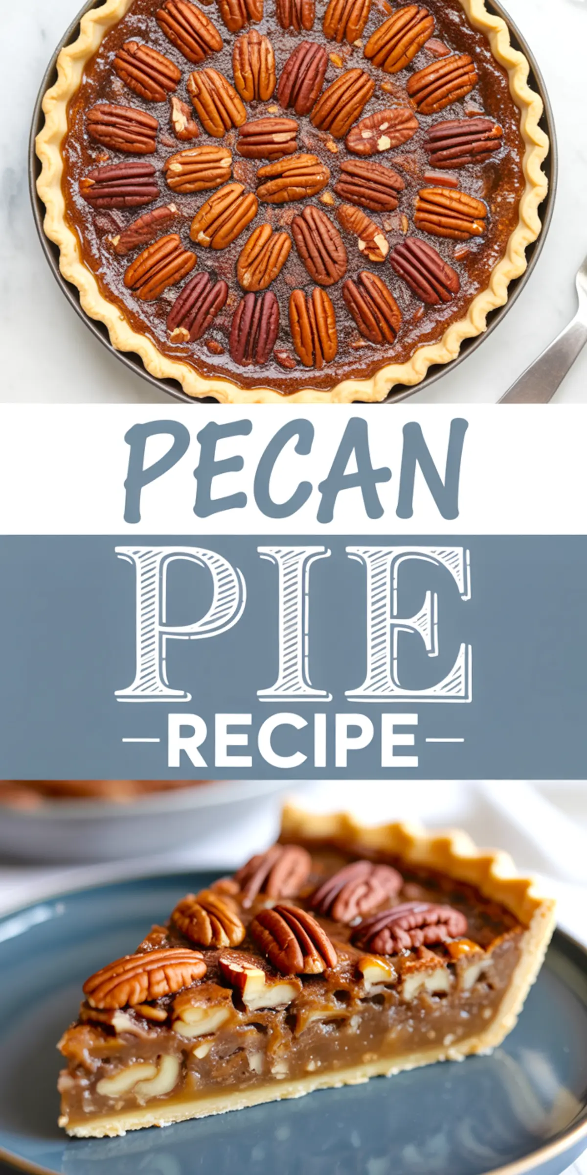 Collage image showing a baked pecan pie with a decorative nut pattern and a close-up slice on a plate, featuring a glossy filling, crisp crust, and text overlay “Pecan Pie Recipe.”