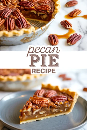 Collage image of a whole pecan pie with a slice removed and a close-up of a plated slice, featuring a golden crust, glossy pecan topping, and gooey filling, with text reading “pecan pie recipe.”