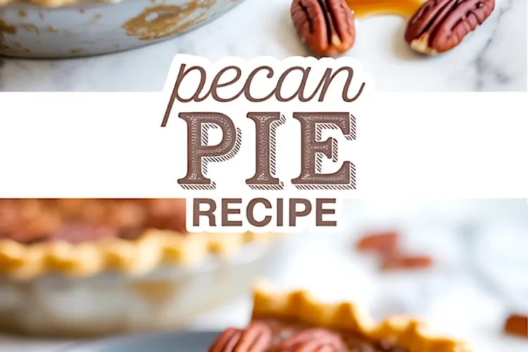 Collage image of a whole pecan pie with a slice removed and a close-up of a plated slice, featuring a golden crust, glossy pecan topping, and gooey filling, with text reading “pecan pie recipe.”