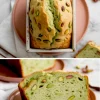 Two views of freshly baked pistachio bread – one in the loaf pan showing cracked top with whole pistachios, and the other with thick slices revealing a soft green crumb studded with pistachios, served on a pink plate.