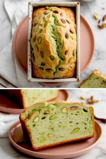 Two views of freshly baked pistachio bread – one in the loaf pan showing cracked top with whole pistachios, and the other with thick slices revealing a soft green crumb studded with pistachios, served on a pink plate.