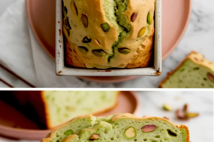 Two views of freshly baked pistachio bread – one in the loaf pan showing cracked top with whole pistachios, and the other with thick slices revealing a soft green crumb studded with pistachios, served on a pink plate.