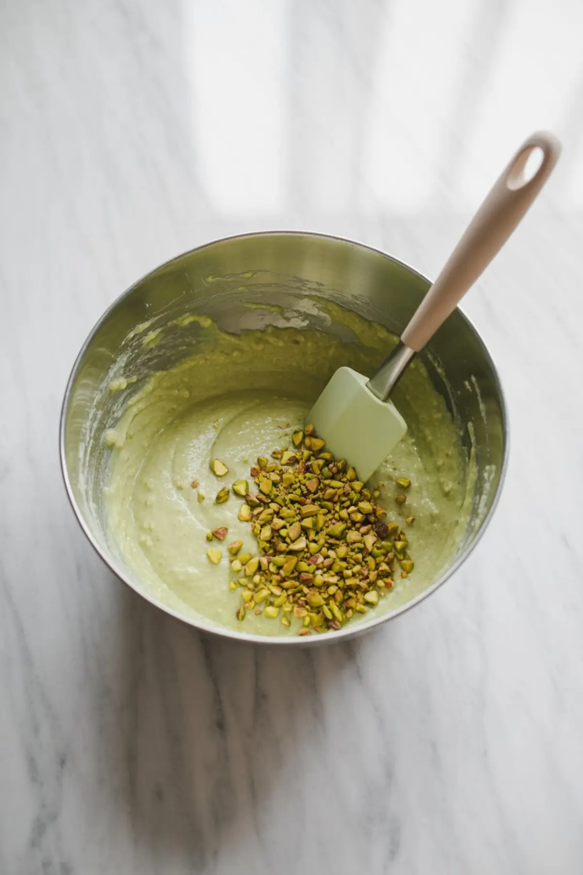 Stainless steel mixing bowl filled with pale green pistachio batter, topped with chopped pistachios and a silicone spatula resting inside on a white marble surface.