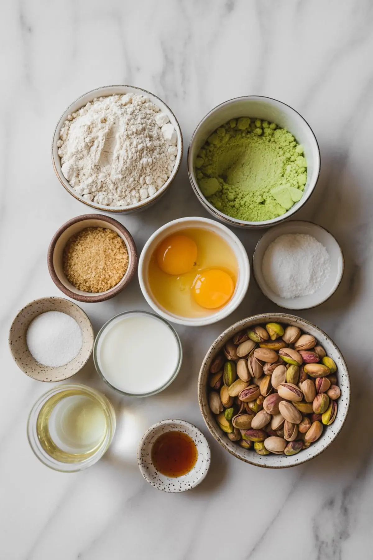 Overhead view of baking ingredients for pistachio bread, including flour, matcha powder, eggs, brown sugar, baking powder, sugar, milk, oil, vanilla extract, and a bowl of pistachios, arranged neatly on a marble countertop.