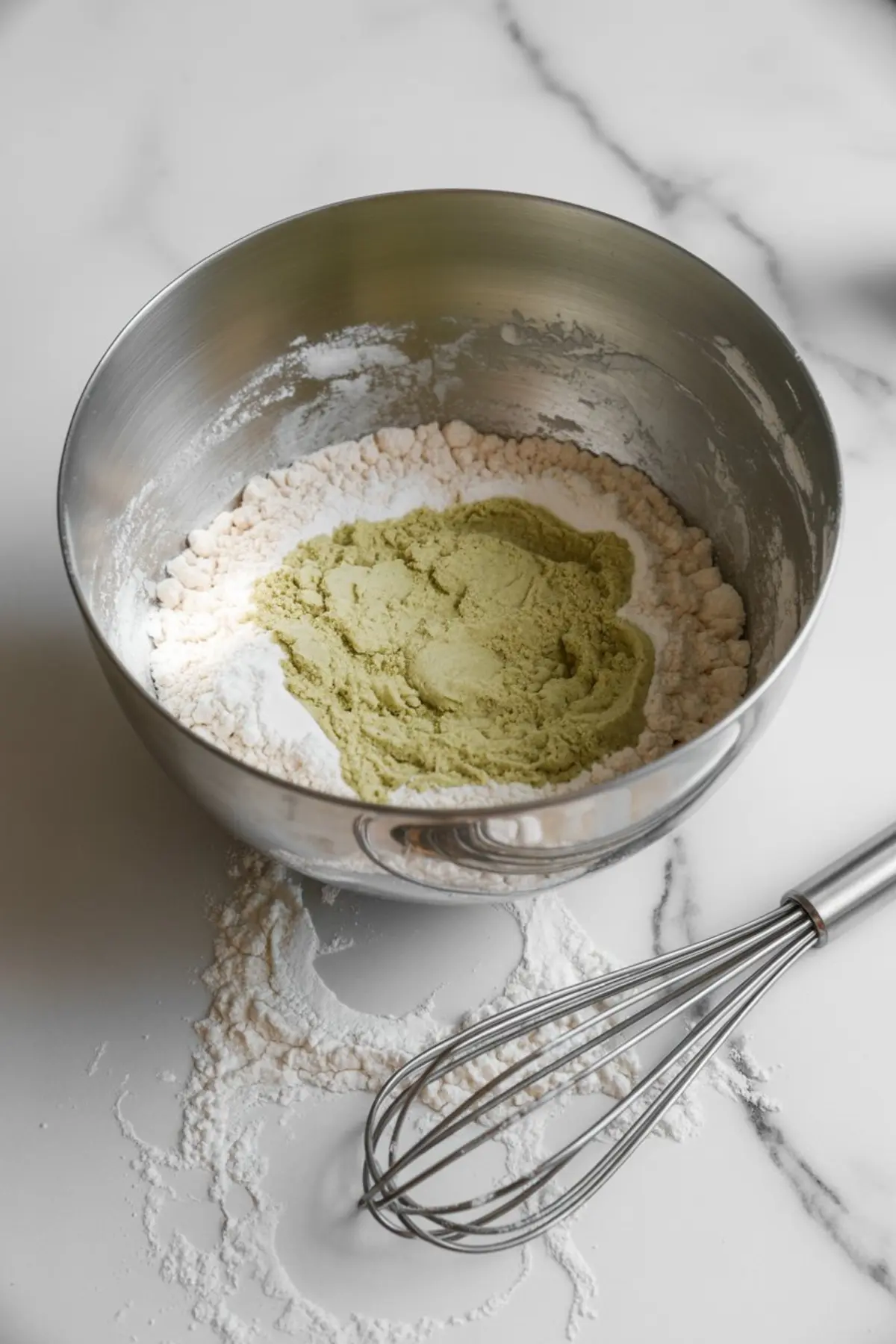 Mixing bowl with dry ingredients including flour and green matcha powder, set beside a wire whisk on a floured marble surface.