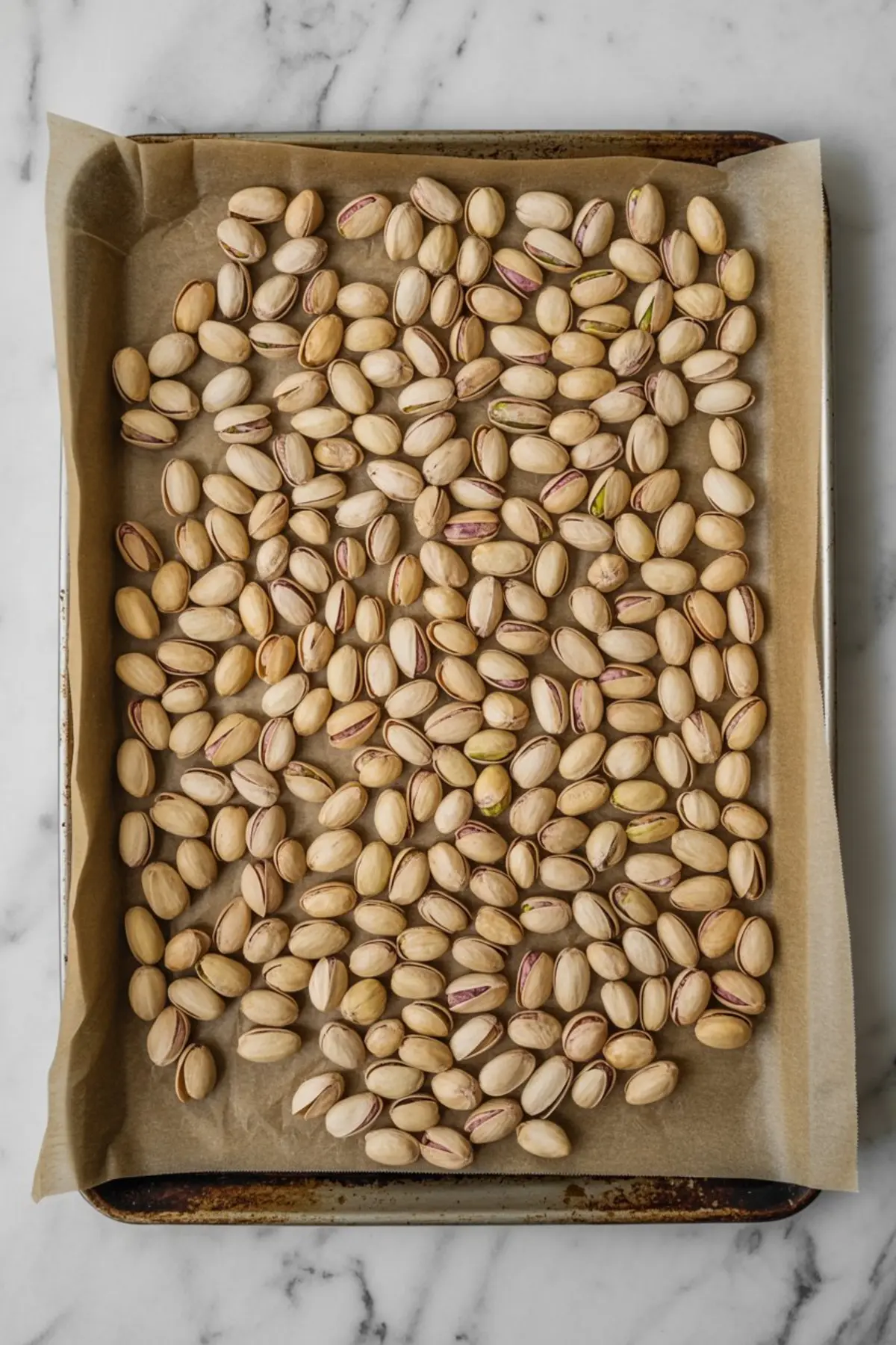 Raw pistachios spread evenly on a parchment-lined baking sheet, ready for roasting to enhance their flavor before making nut butter.