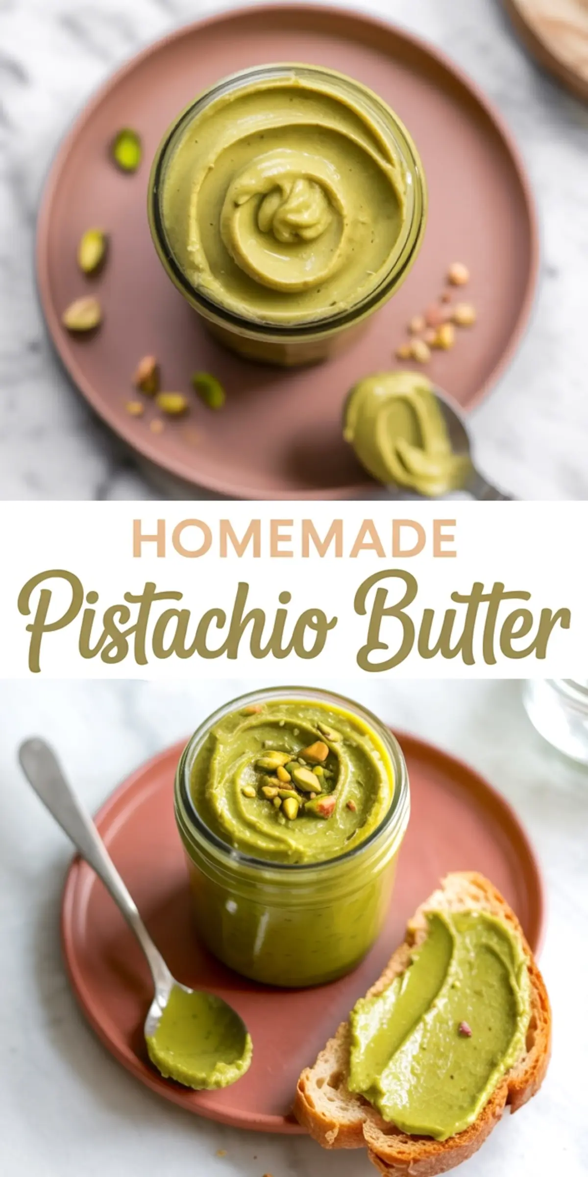 Homemade pistachio butter in a glass jar shown from top and side views, garnished with crushed pistachios and served on a pink plate with a slice of bread and a spoonful of spread.