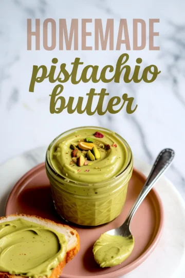 Labeled photo of homemade pistachio butter in a glass jar topped with chopped pistachios and served with a spoon and a slice of bread spread with the green nut butter on a pink plate.