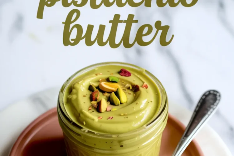 Labeled photo of homemade pistachio butter in a glass jar topped with chopped pistachios and served with a spoon and a slice of bread spread with the green nut butter on a pink plate.