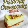 Close-up slice of pistachio cheesecake on a round marble plate, topped with chopped pistachios, with bold recipe text overlay.