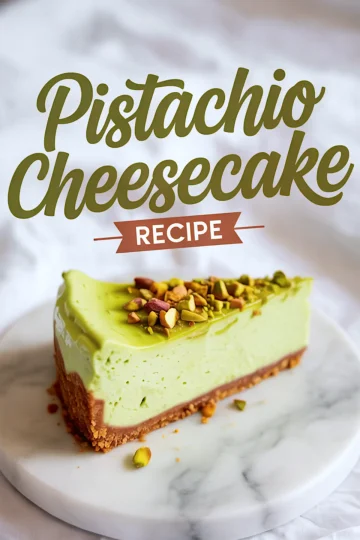 Close-up slice of pistachio cheesecake on a round marble plate, topped with chopped pistachios, with bold recipe text overlay.