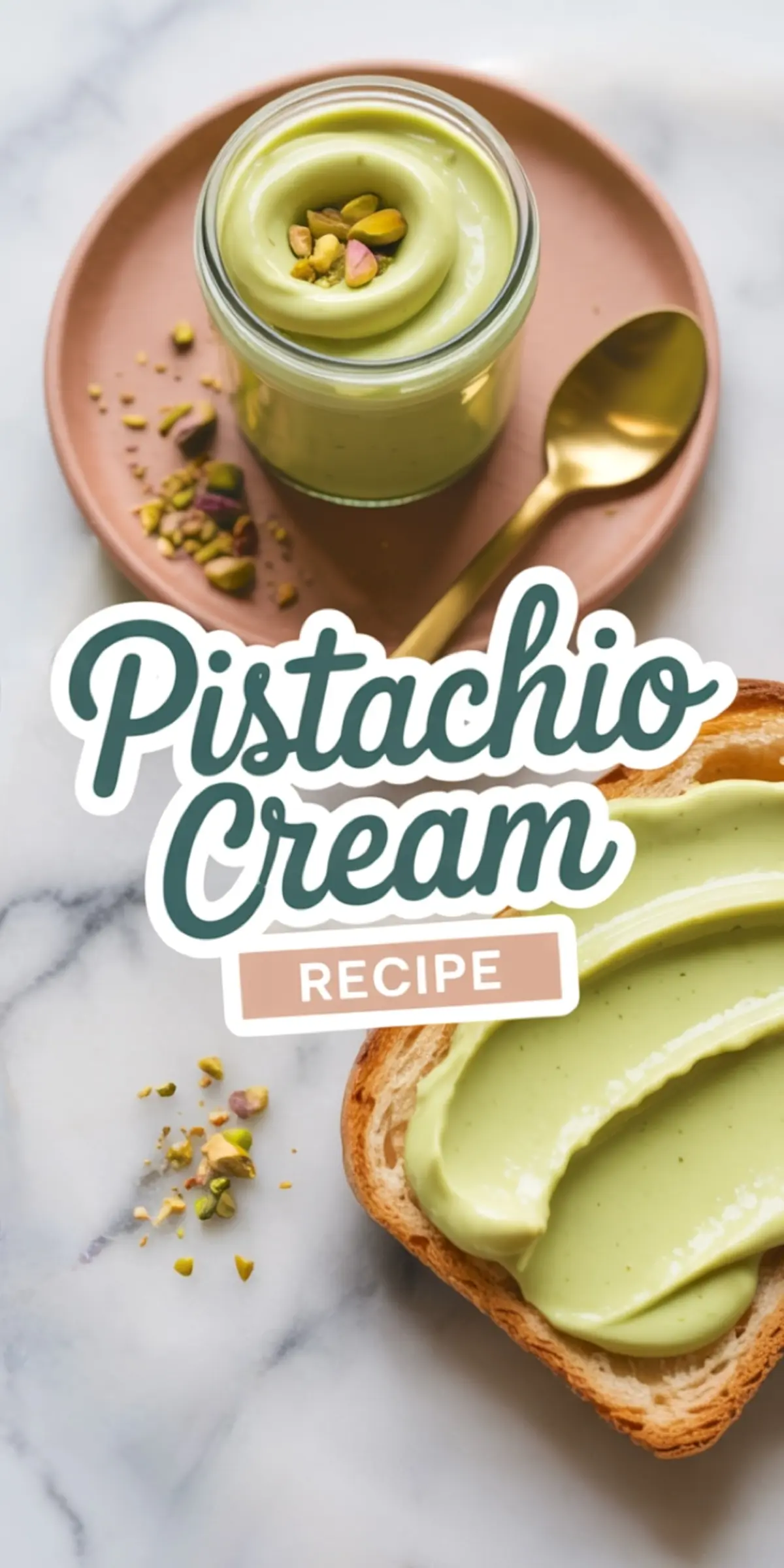 A swirl of pistachio cream topped with chopped nuts sits in a glass jar on a blush plate with a gold spoon, next to a slice of toast generously spread with the green cream and labeled “Pistachio Cream Recipe.”
