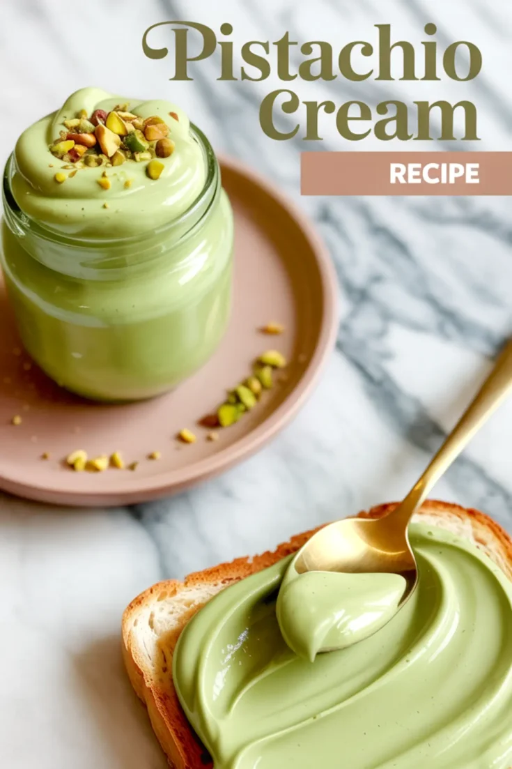 A glass jar filled with silky pistachio cream is topped with chopped pistachios and placed on a pink plate, next to a slice of bread spread with the green cream and a gold spoon lifting a dollop.