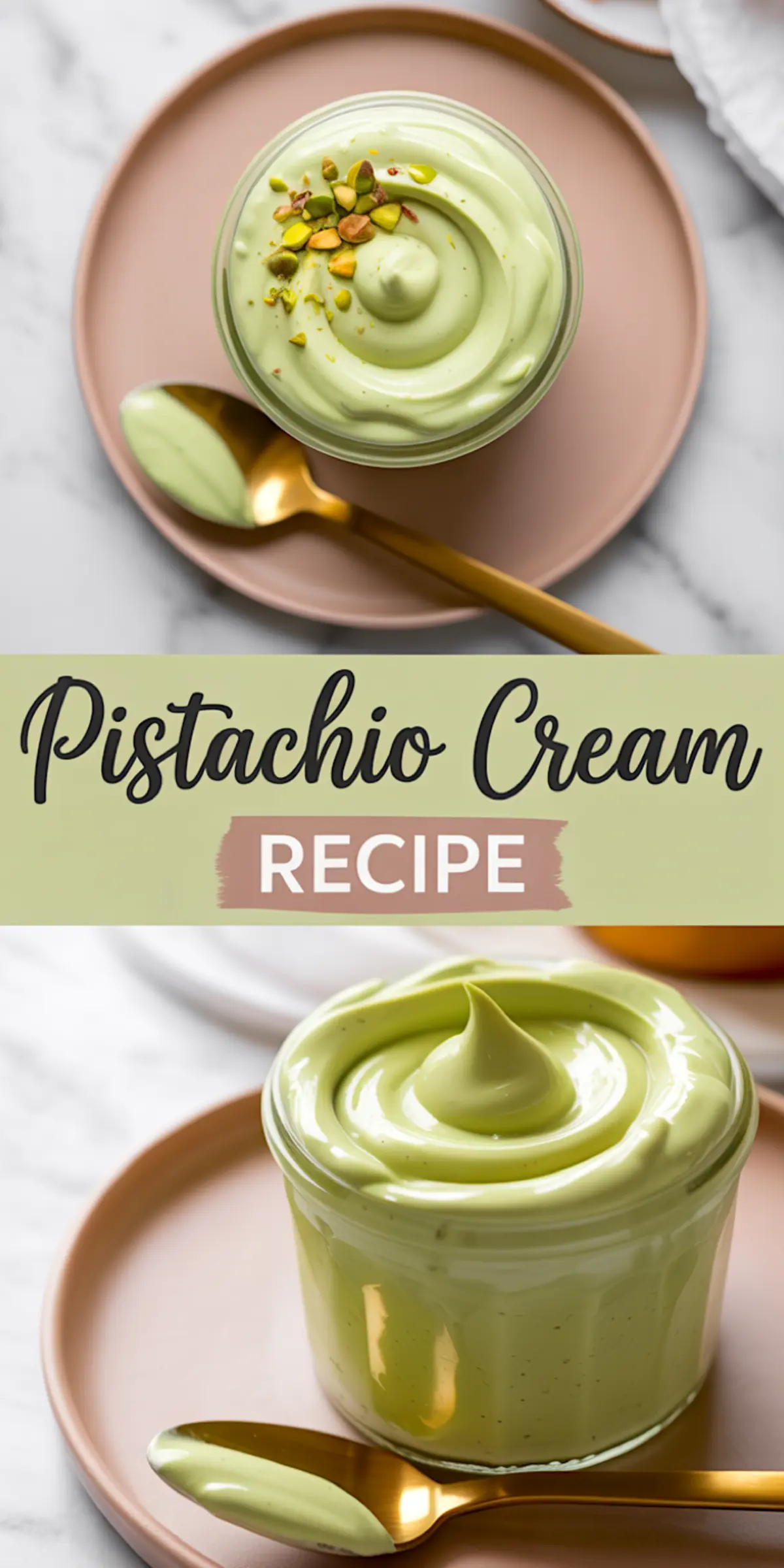A two-part image shows swirled pistachio cream in glass jars topped with chopped nuts, gold spoons on the side, and a soft pink plate on a marble background, with “Pistachio Cream Recipe” text between the images.
