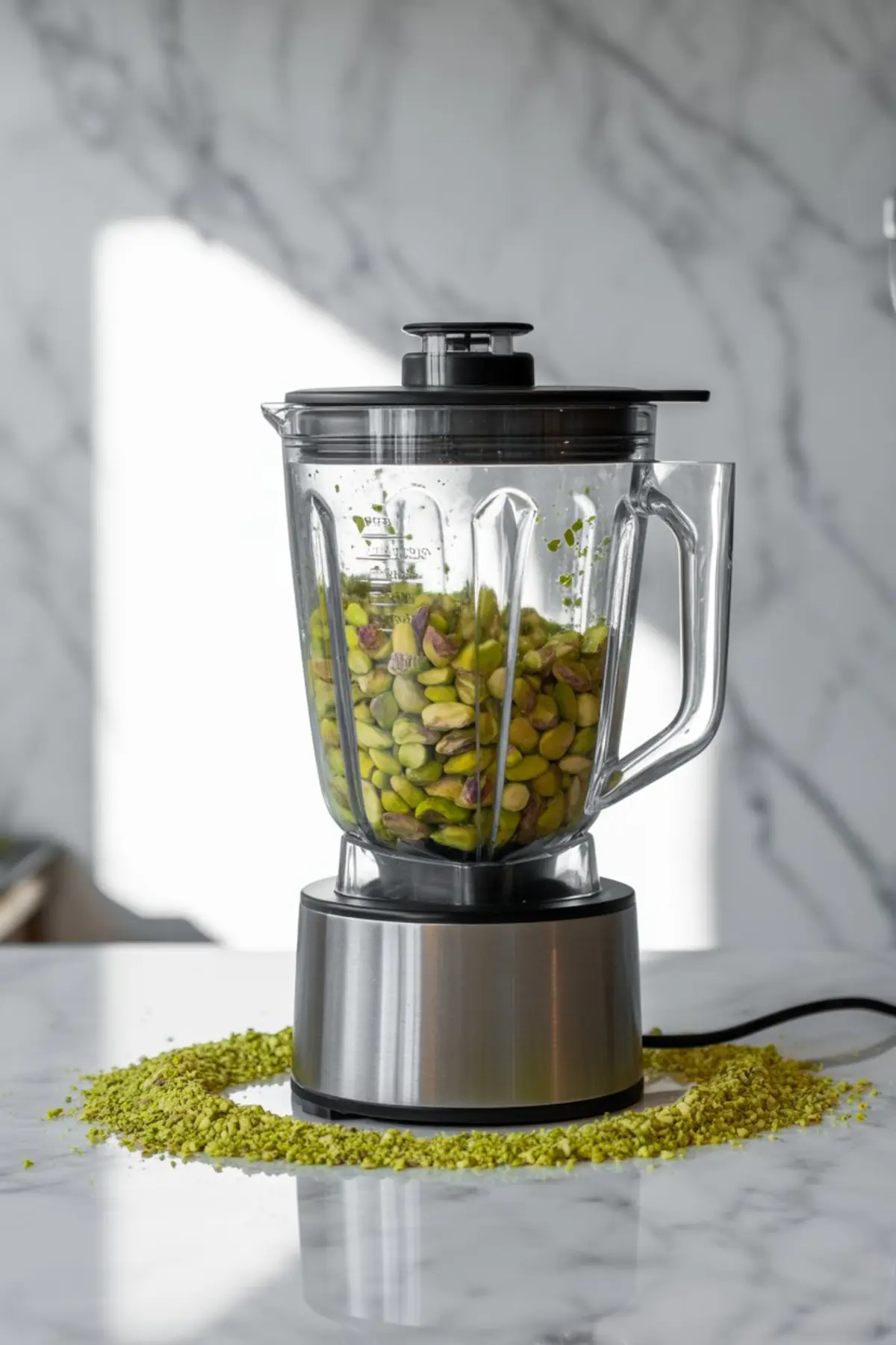 A countertop blender filled with shelled pistachios stands on a marble surface, surrounded by crushed pistachio powder in a circle, ready for blending into nut butter or pistachio cream.
