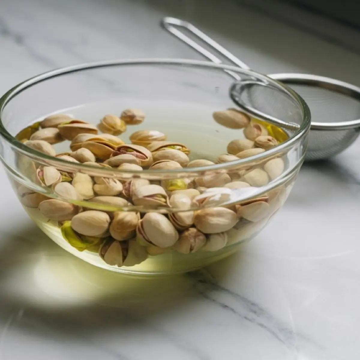 A clear glass bowl filled with soaked pistachios in water sits next to a fine mesh strainer on a marble counter, showing the soaking process for softening nuts.

