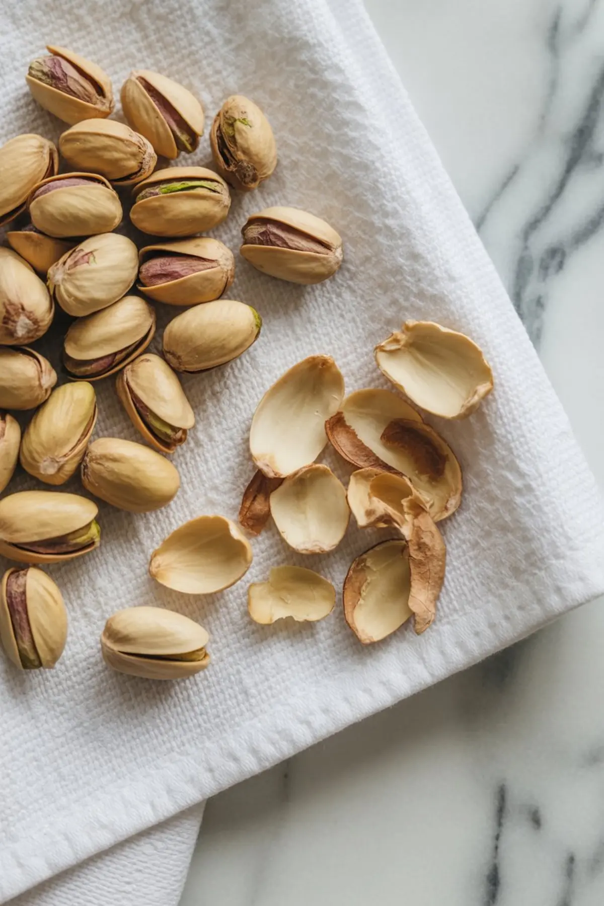 A pile of pistachios in their shells and empty pistachio shells rest on a white textured towel, offering a close-up of raw nut preparation for cooking or baking.
